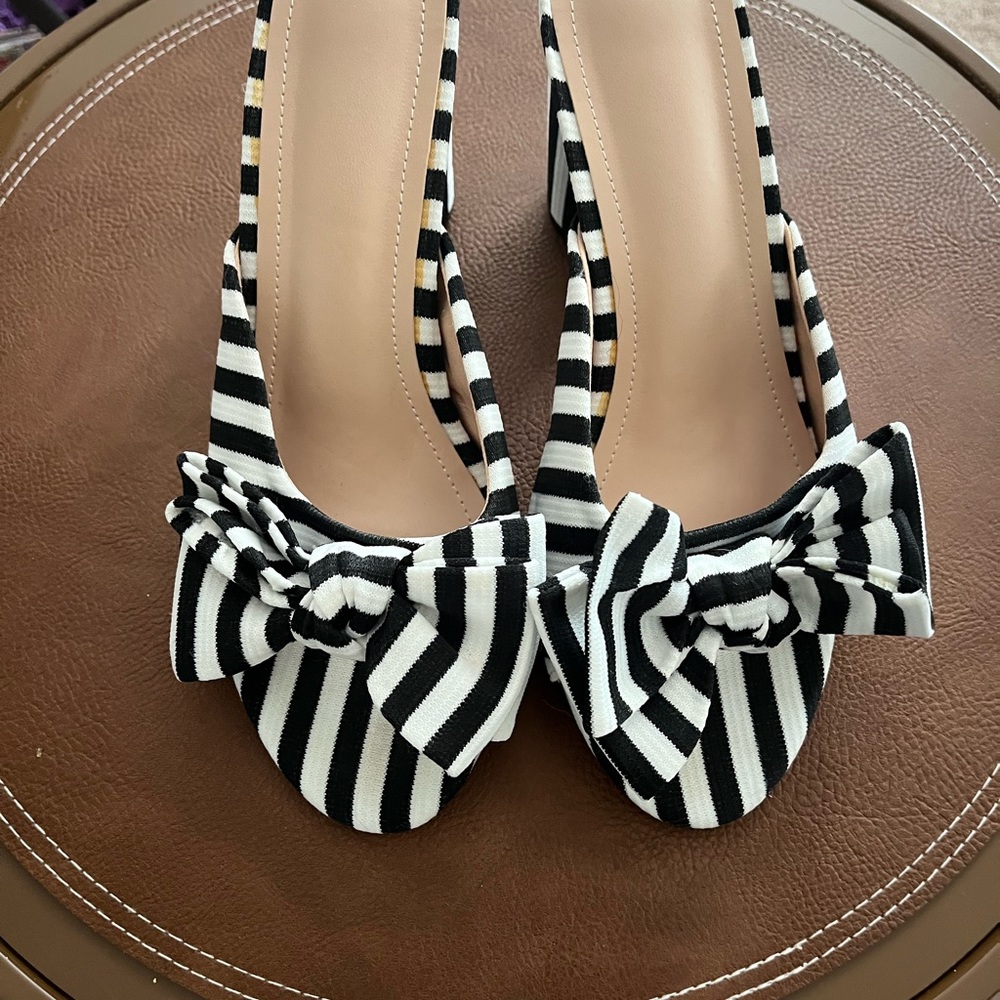 Striped Black & White Bow Slingback Heels - Women